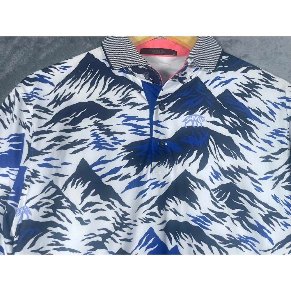 Greyson Mens Mountain Wolf Print Golf Polo Shirt Blue White Size Medium